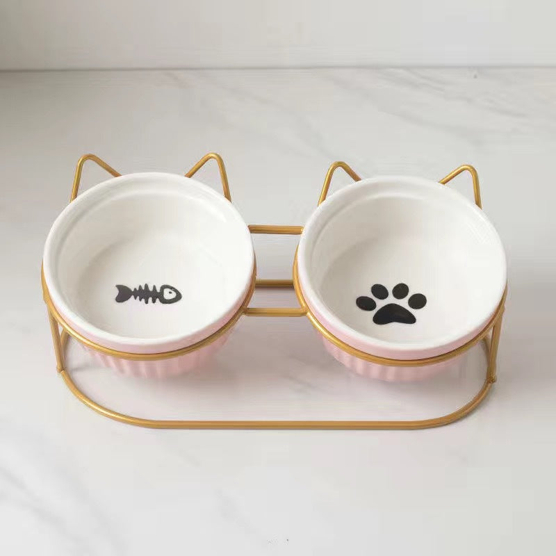Pet Ceramic Double Bowl Water Feeder Diagonal Design Set