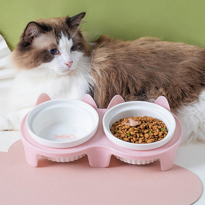 Pet Ceramic Double Bowl Water Feeder Diagonal Design Set