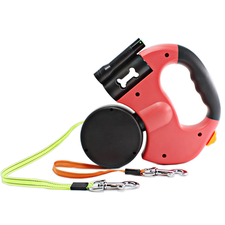 Dual Headed Pet Leash With Flashlight Waste Bag Retractable Rope