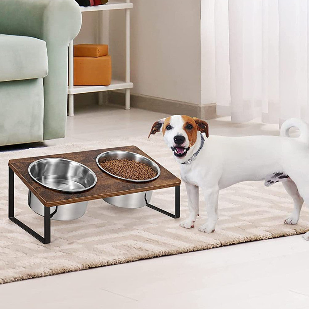 Wood Iron Pet Feeding Rack Bowl Stand Combined Feeder