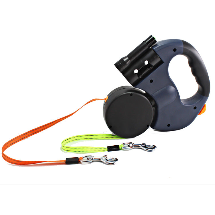 Dual Headed Pet Leash With Flashlight Waste Bag Retractable Rope