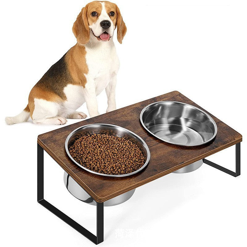 Wood Iron Pet Feeding Rack Bowl Stand Combined Feeder