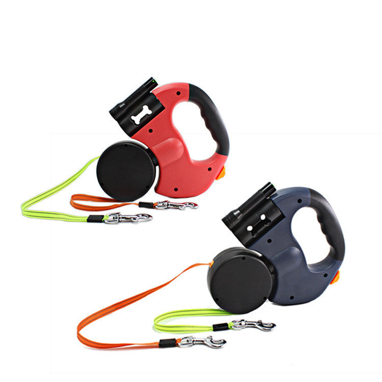 Dual Headed Pet Leash With Flashlight Waste Bag Retractable Rope