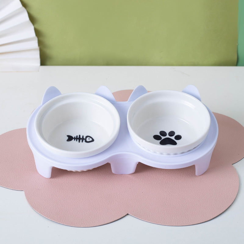 Pet Ceramic Double Bowl Water Feeder Diagonal Design Set
