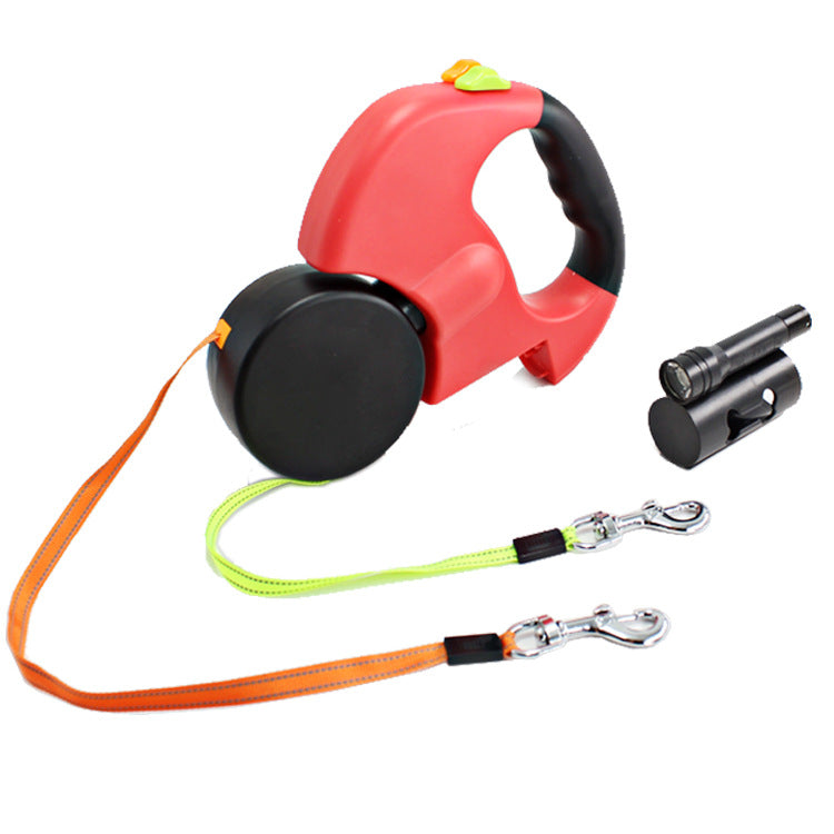 Dual Headed Pet Leash With Flashlight Waste Bag Retractable Rope