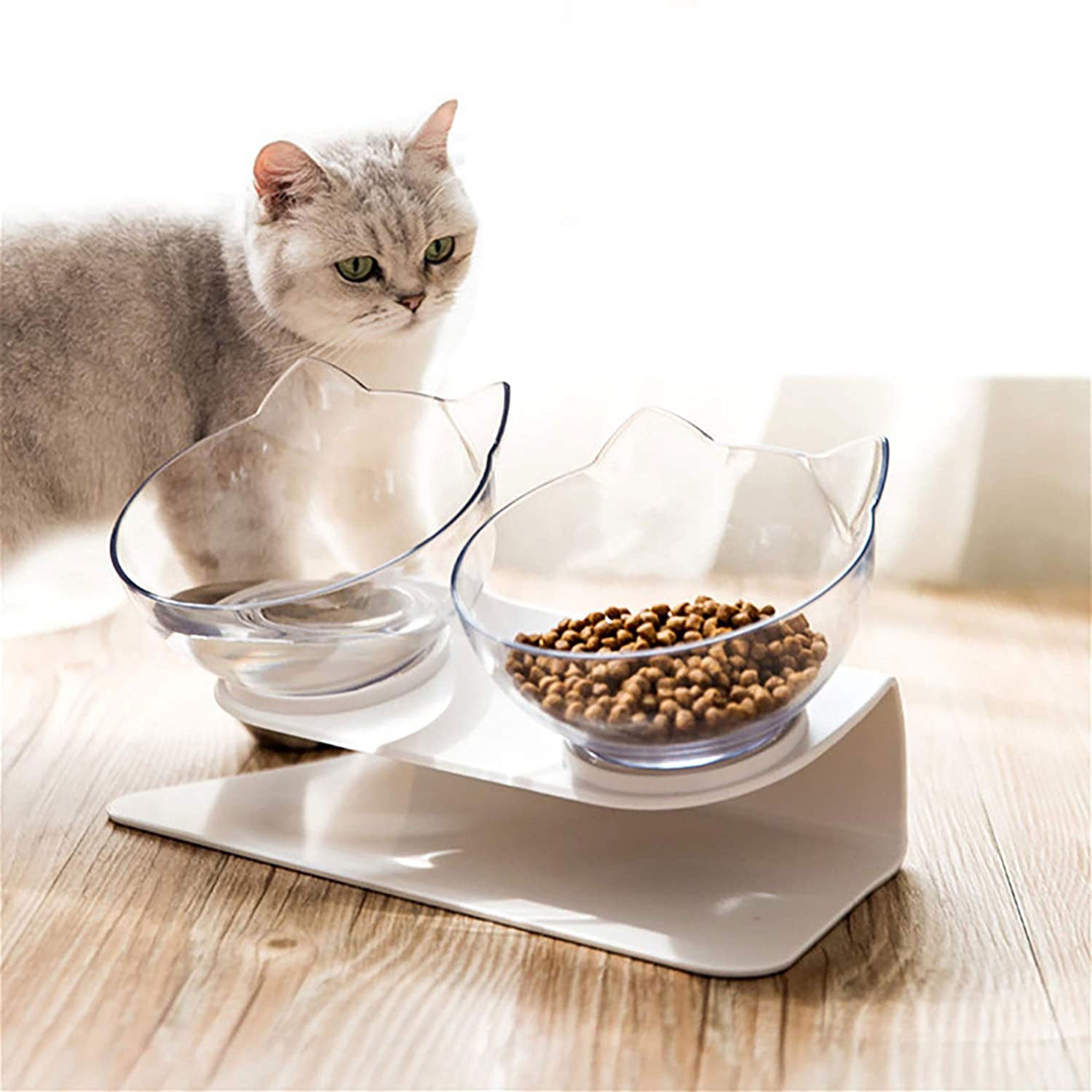 Non Slip Double Pet Bowl Raised Stand Transparent Feeder Ergonomic Design