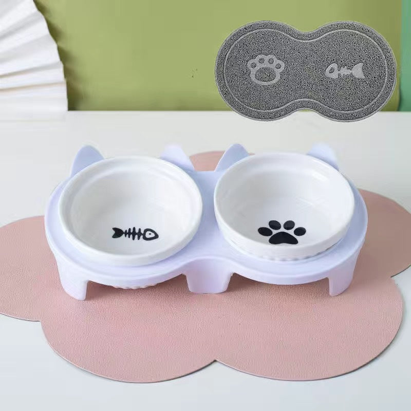 Pet Ceramic Double Bowl Water Feeder Diagonal Design Set