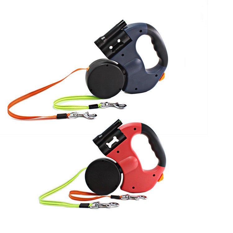 Dual Headed Pet Leash With Flashlight Waste Bag Retractable Rope