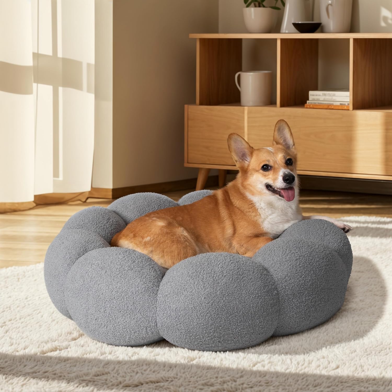 Fluffy Flower Pet Bed Calming Round Donut Cuddler Soft Plush Nest