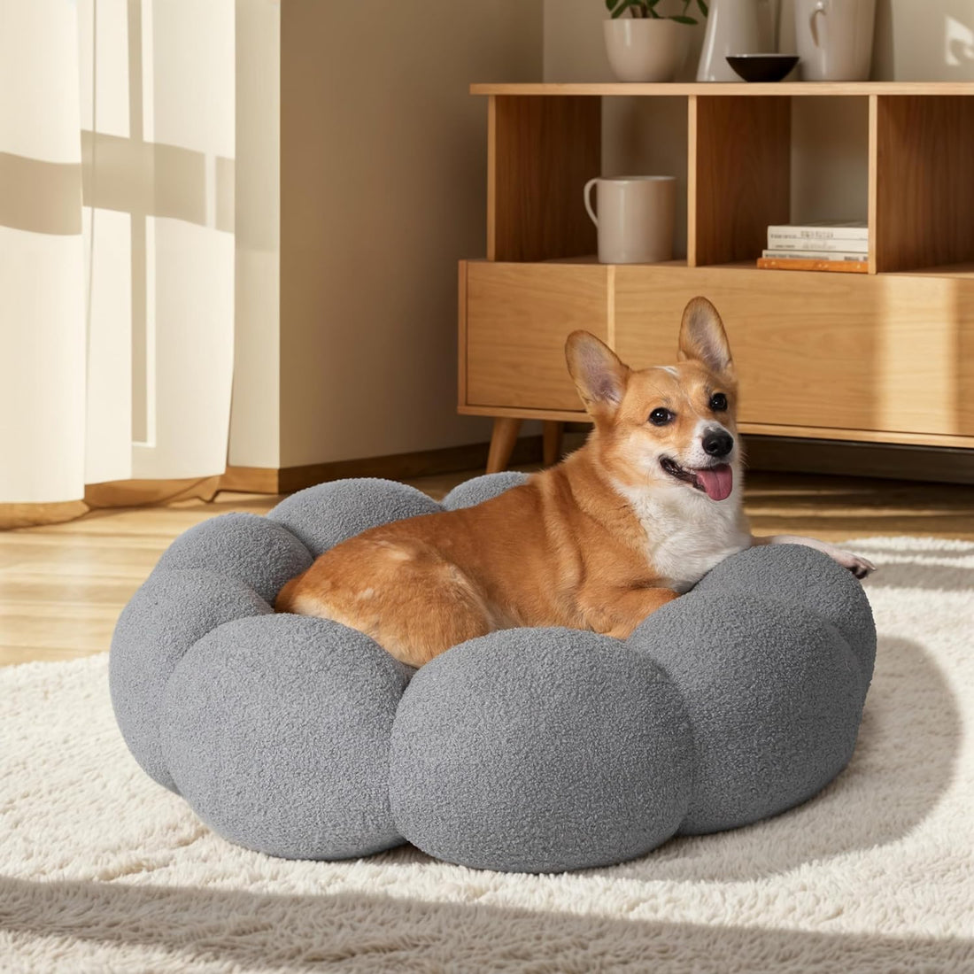 Fluffy Flower Pet Bed Calming Round Donut Cuddler Soft Plush Nest