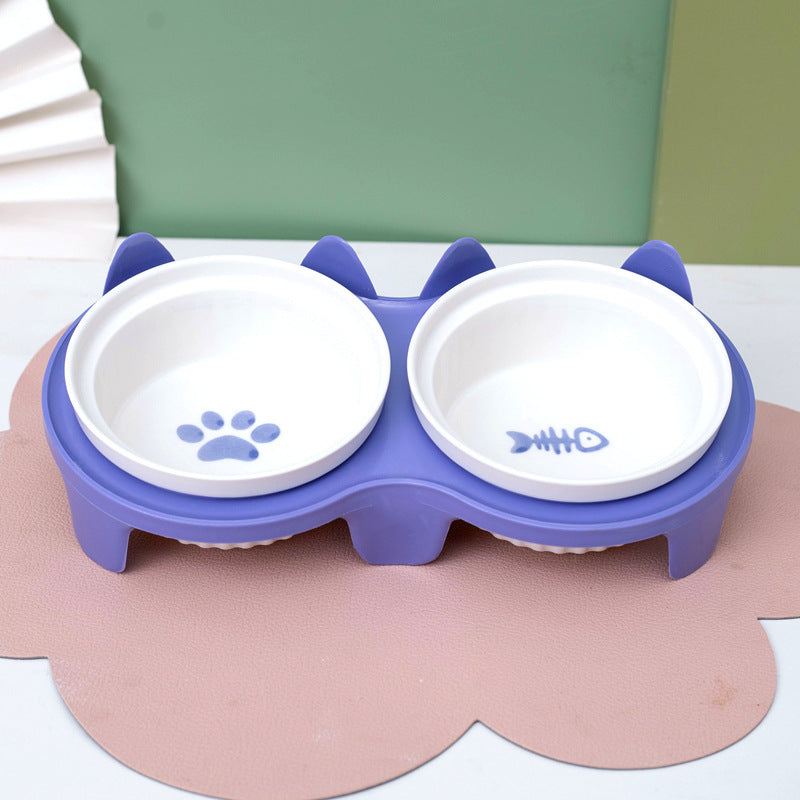 Pet Ceramic Double Bowl Water Feeder Diagonal Design Set