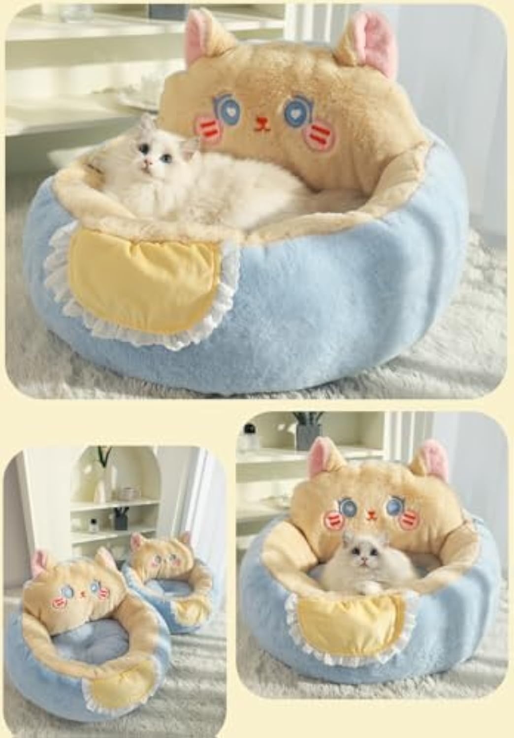 Cute Plush Pet Bed Tent Calming Cuddle Cave Removable Washable Cushion