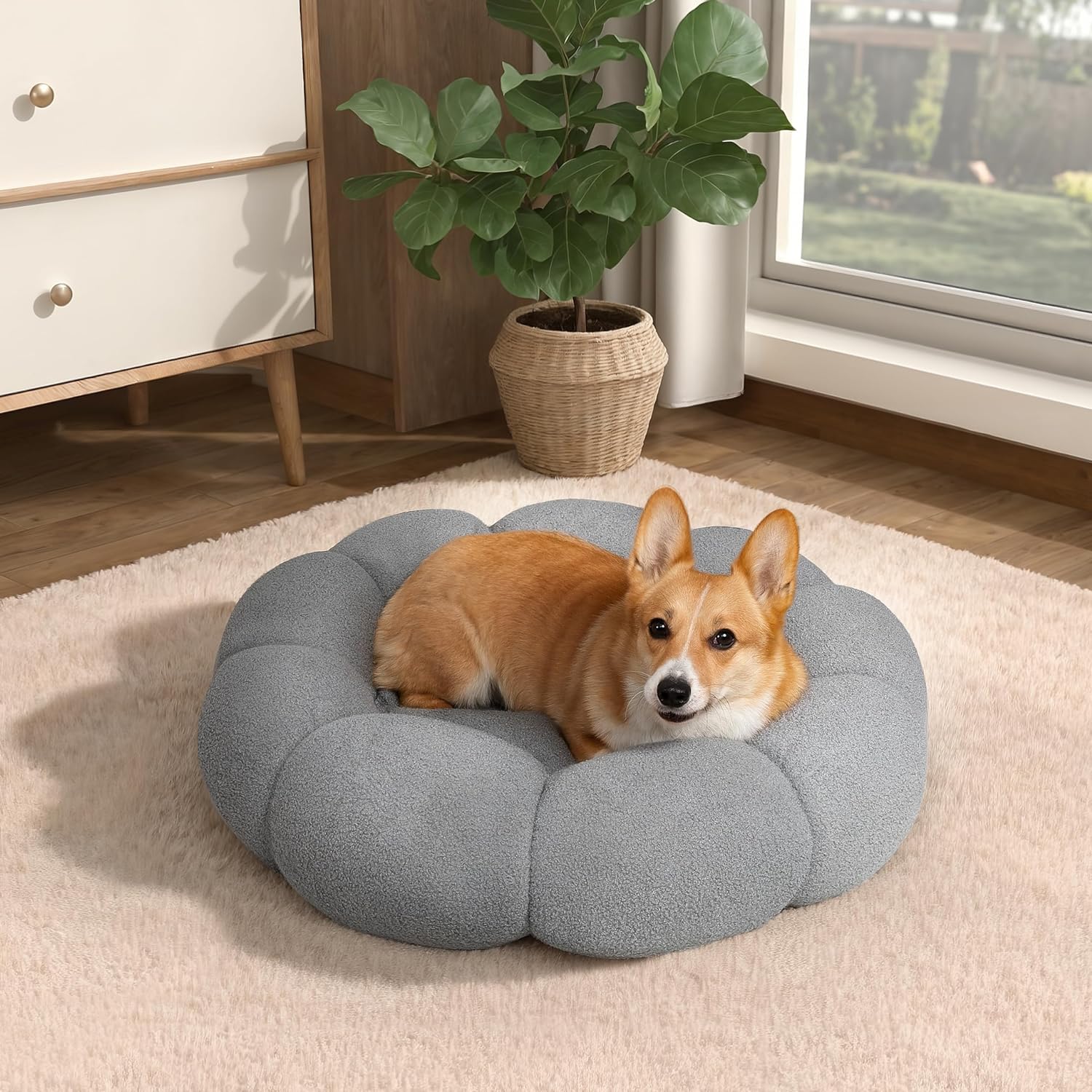 Fluffy Flower Pet Bed Calming Round Donut Cuddler Soft Plush Nest