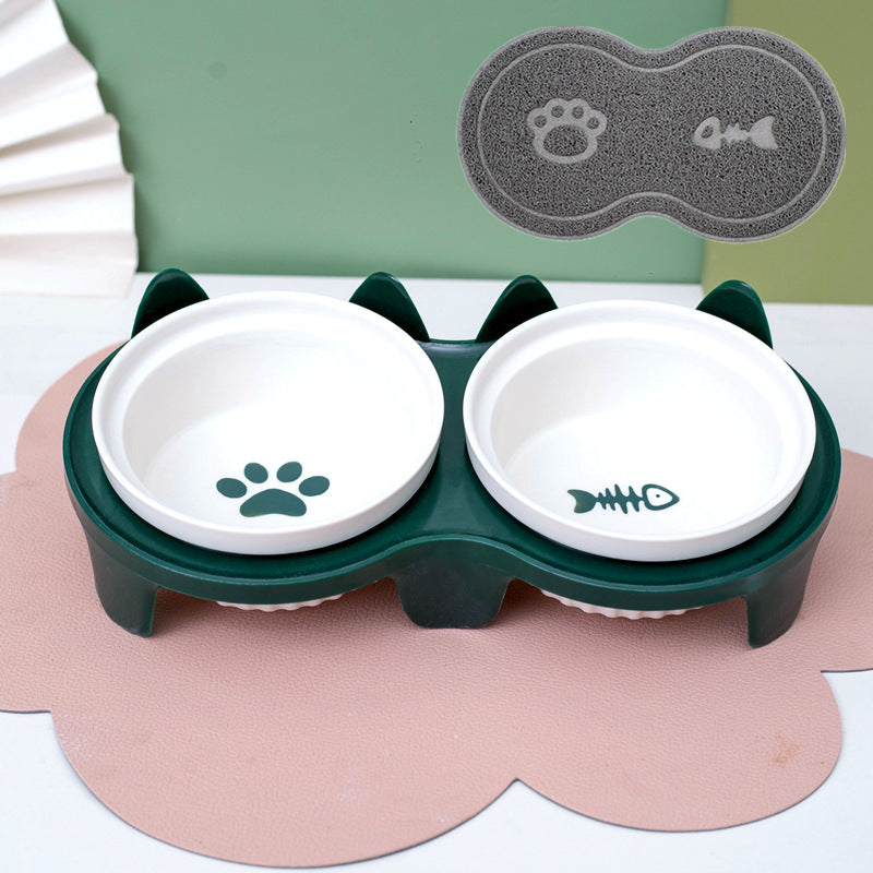Pet Ceramic Double Bowl Water Feeder Diagonal Design Set