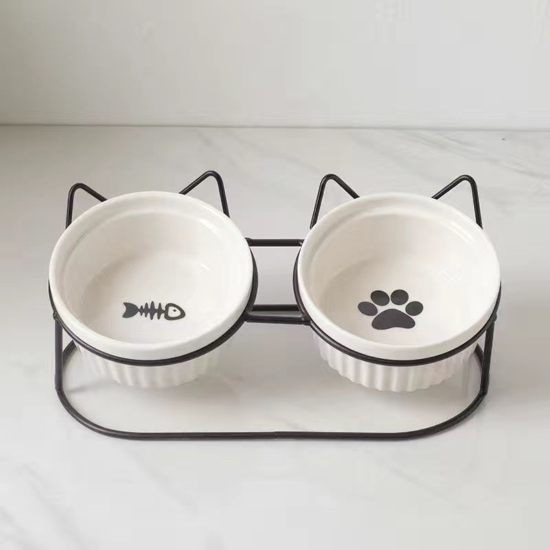 Pet Ceramic Double Bowl Water Feeder Diagonal Design Set