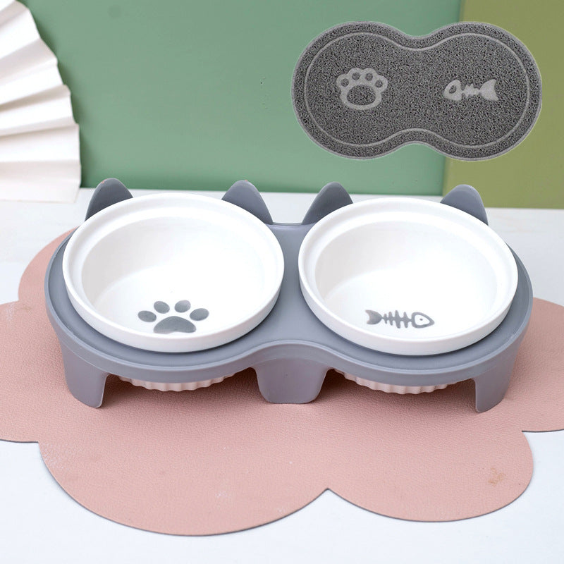 Pet Ceramic Double Bowl Water Feeder Diagonal Design Set