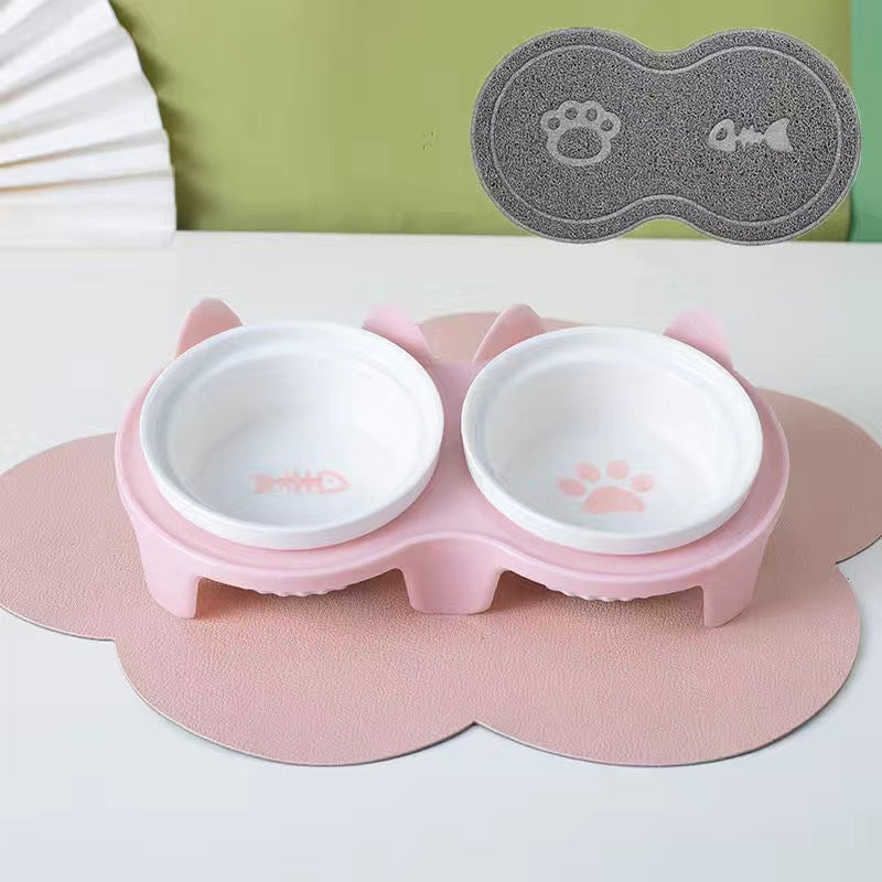 Pet Ceramic Double Bowl Water Feeder Diagonal Design Set