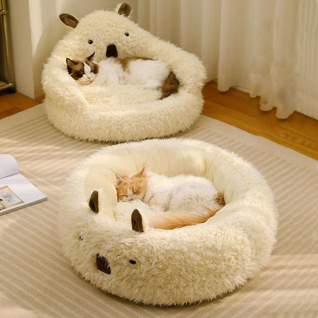 Alpaca Style Calming Pet Bed Detachable Plush Pad Anti Slip Warm Nest