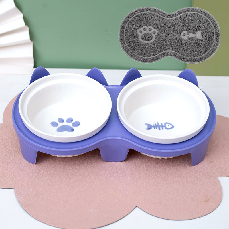 Pet Ceramic Double Bowl Water Feeder Diagonal Design Set
