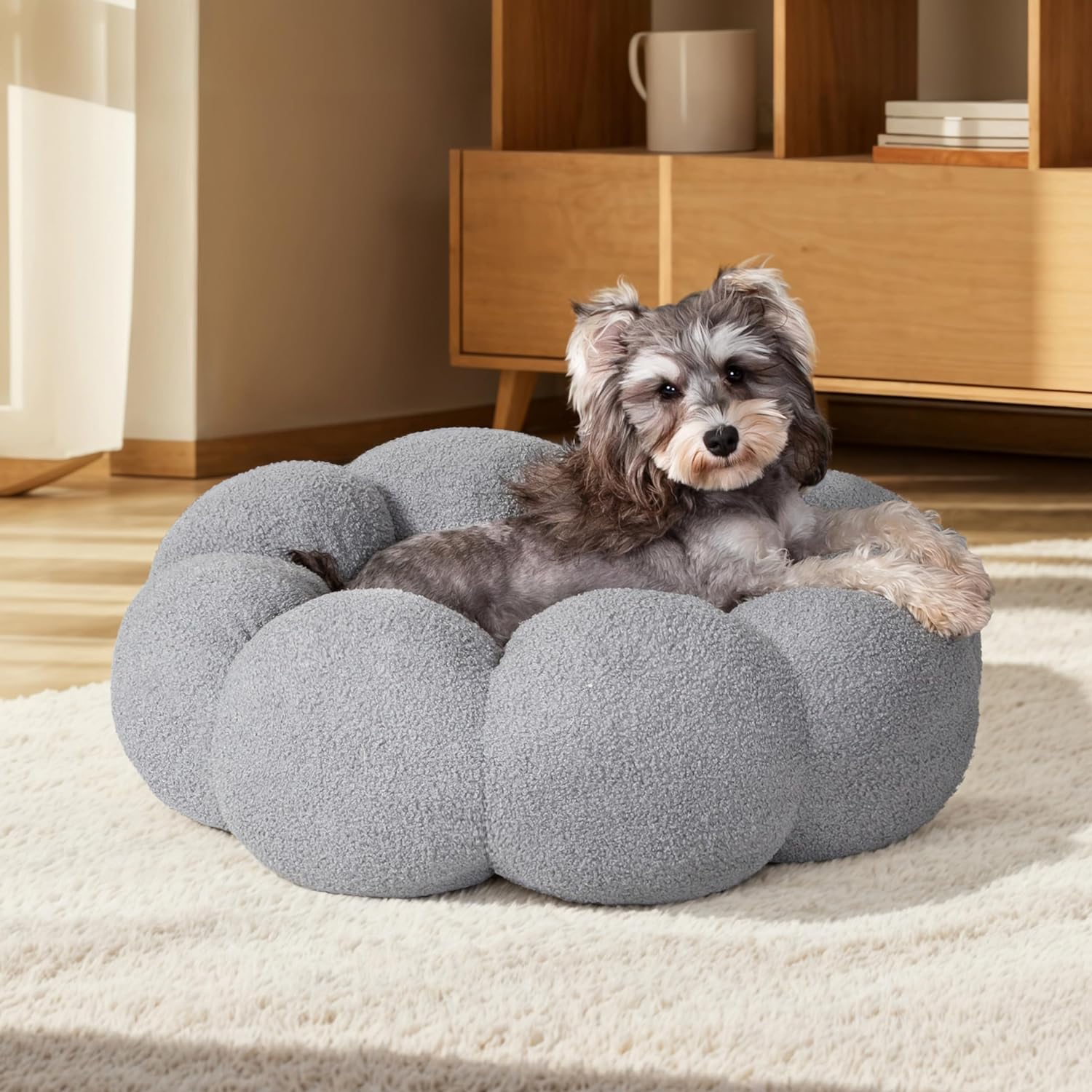 Fluffy Flower Pet Bed Calming Round Donut Cuddler Soft Plush Nest