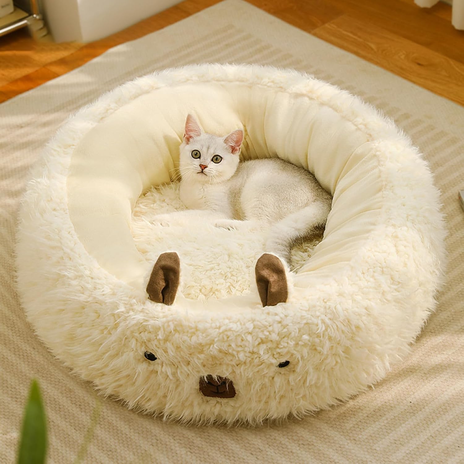 Alpaca Style Calming Pet Bed Detachable Plush Pad Anti Slip Warm Nest