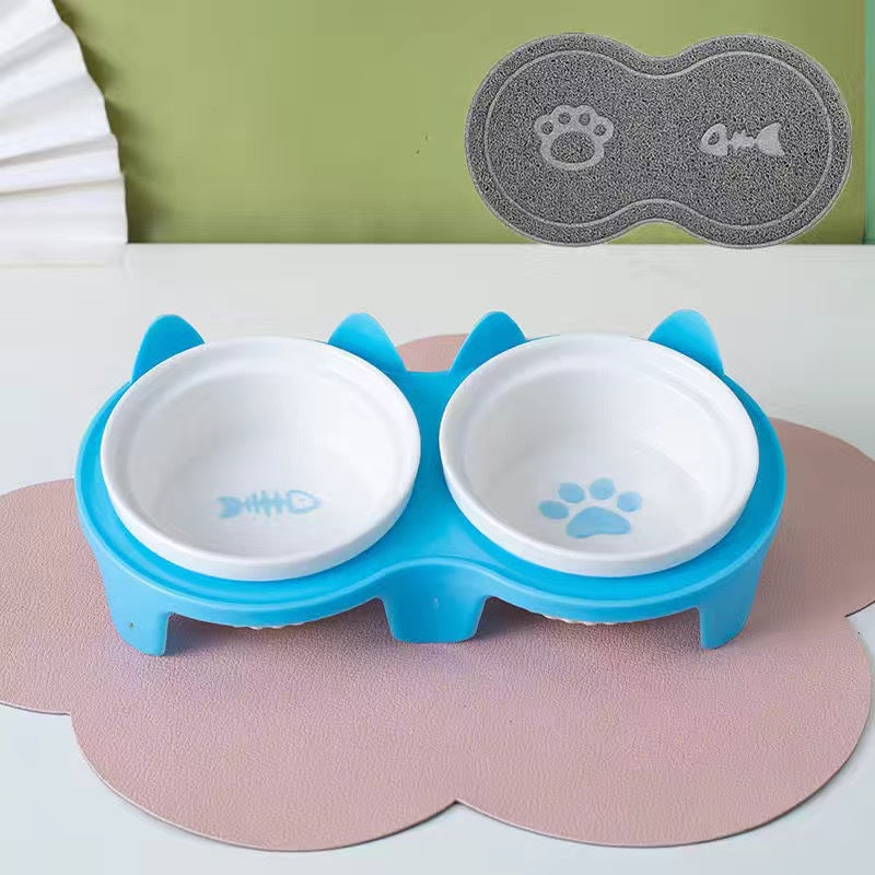 Pet Ceramic Double Bowl Water Feeder Diagonal Design Set