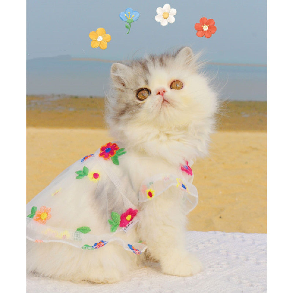 Pet Mesh Embroidery Floral Dress Elegant Summer Wear