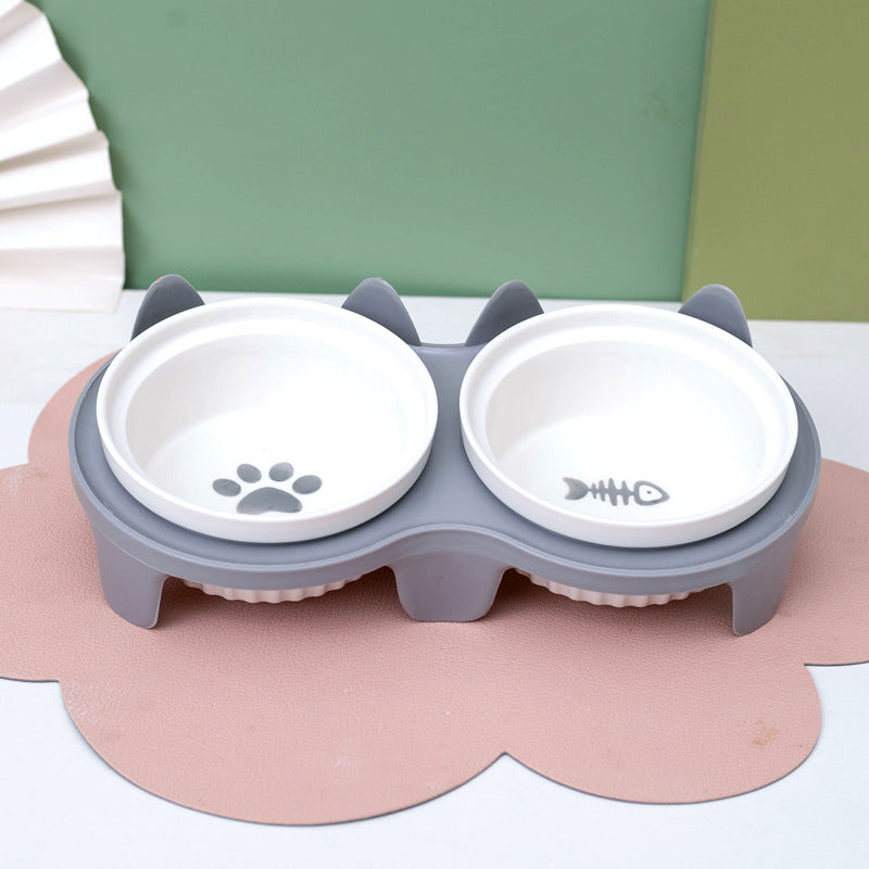 Pet Ceramic Double Bowl Water Feeder Diagonal Design Set