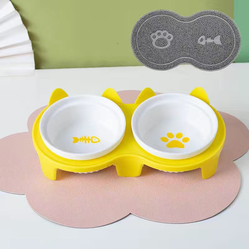 Pet Ceramic Double Bowl Water Feeder Diagonal Design Set