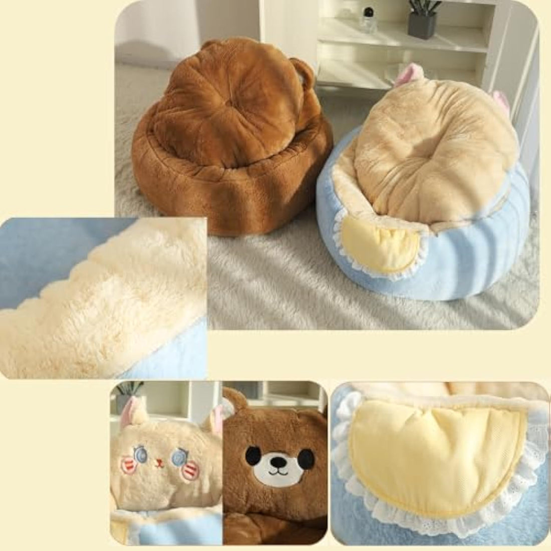 Cute Plush Pet Bed Tent Calming Cuddle Cave Removable Washable Cushion