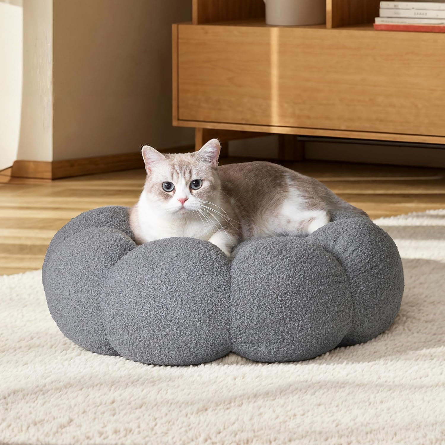 Fluffy Flower Pet Bed Calming Round Donut Cuddler Soft Plush Nest