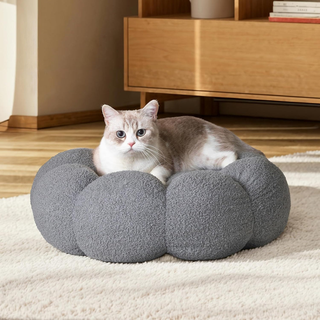 Fluffy Flower Pet Bed Calming Round Donut Cuddler Soft Plush Nest